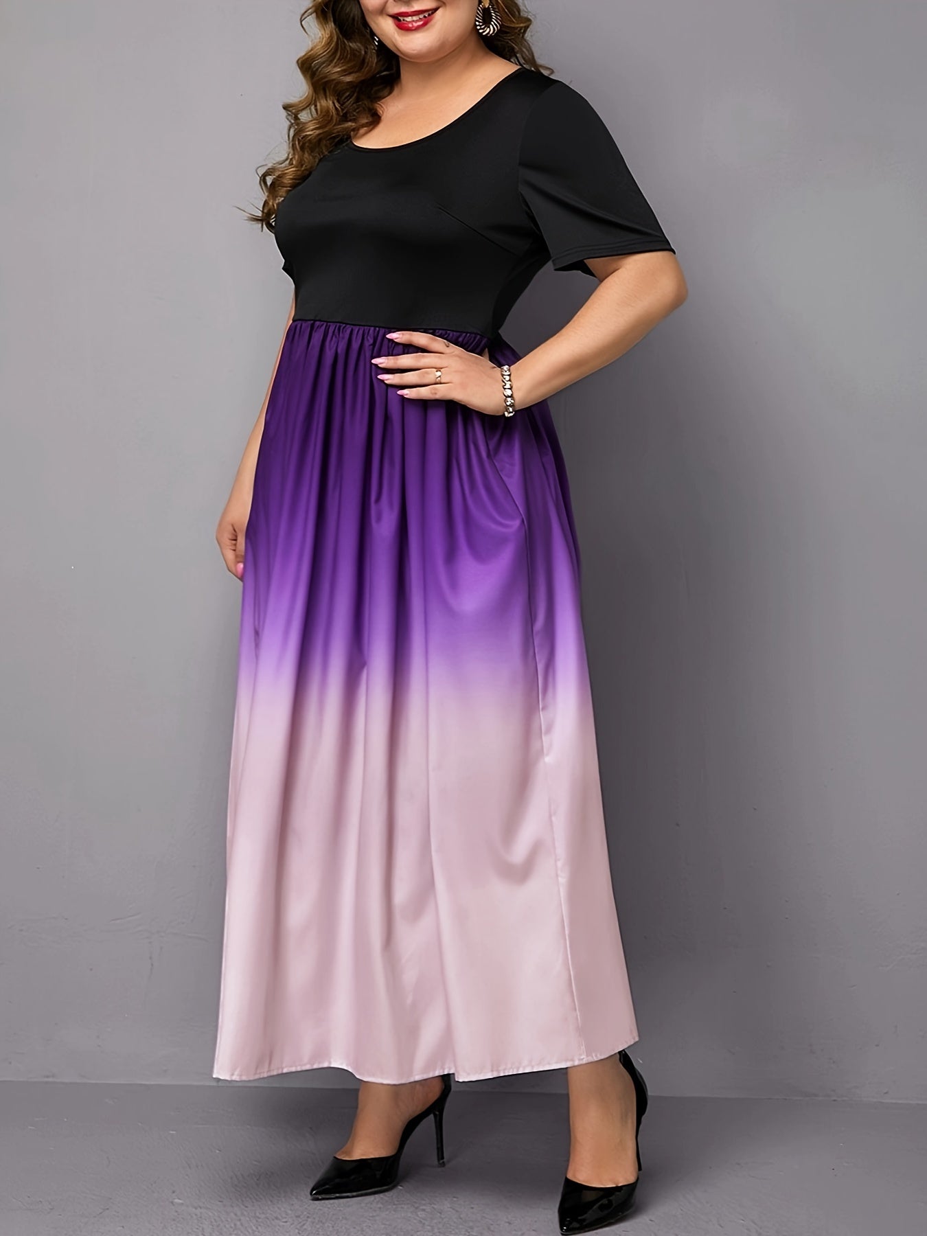  Ombre Print Short Sleeve Maxi Dress