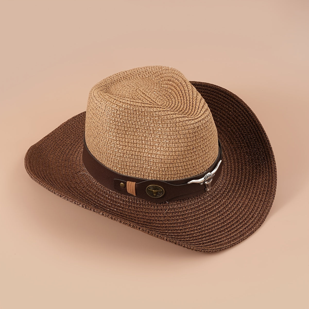 Big Cow Head Leather Belt Retro Outdoor Sunshade Western Cowboy Straw Hat
