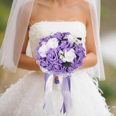 Purple Artificial Rose Wedding Bouquet with Pearl Accents