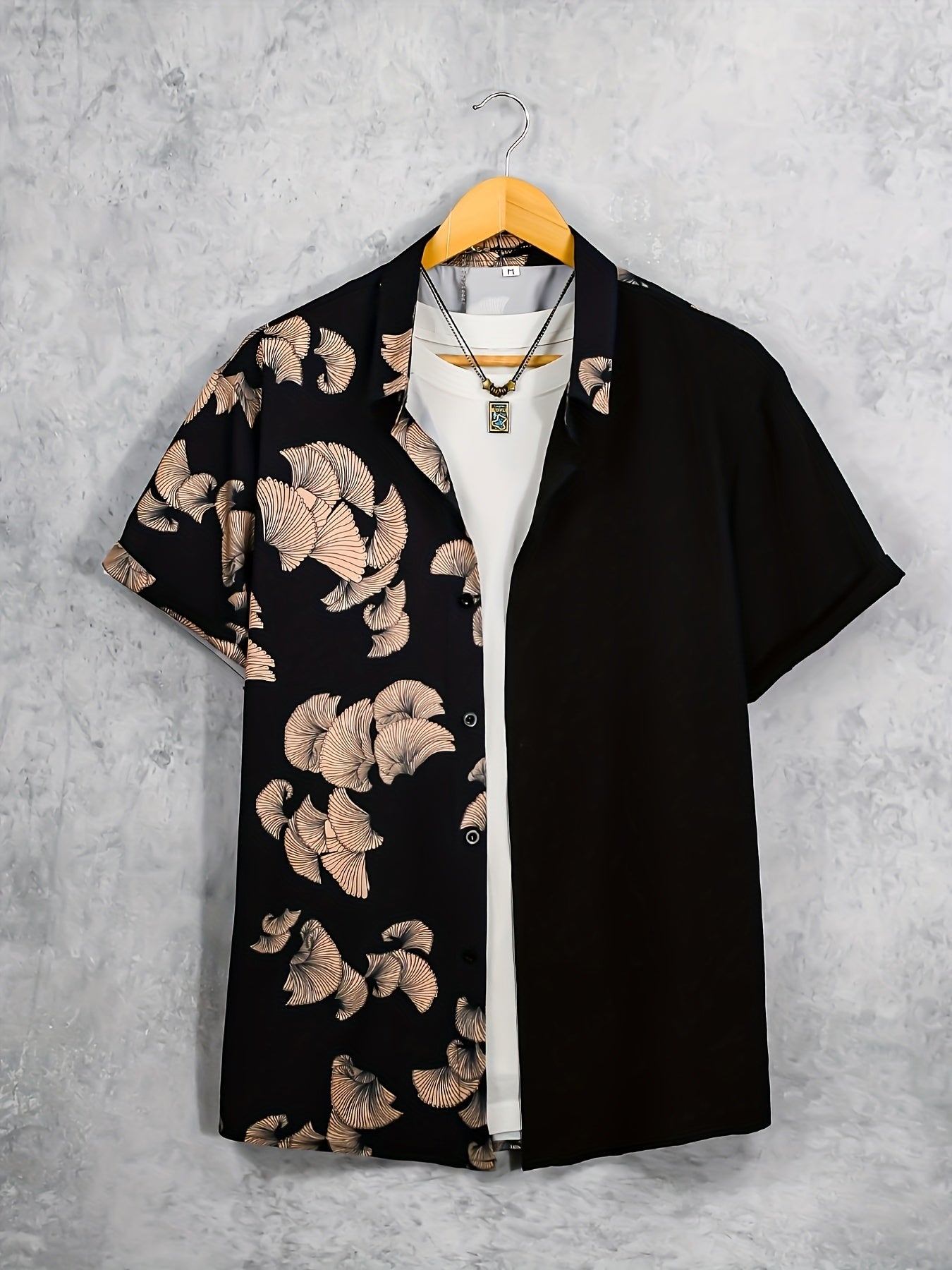 Men's Casual Mushroom Block Leaf Flower Pattern Print Short Sleeve Shirt