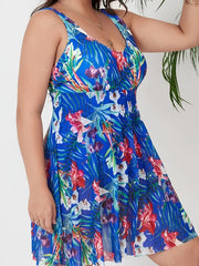  Tropical Print Mesh Layered Swimsuit