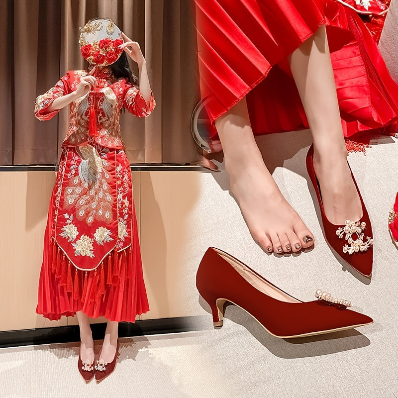 Red Faux Pearl Low Heel Wedding Dress Shoes