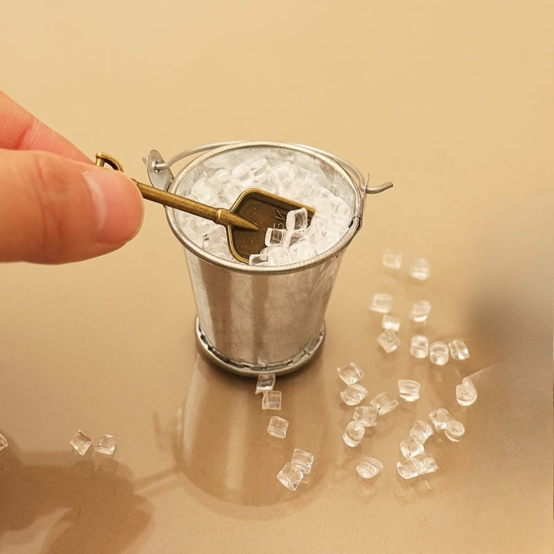 3pcs Doll House Mini Ice Bucket Set with Small Ice Cubes & Shovel