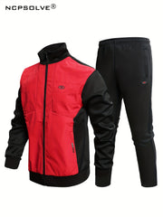 Men's Sports Suit Stand Collar Zip Jacket Solid Waist Pants