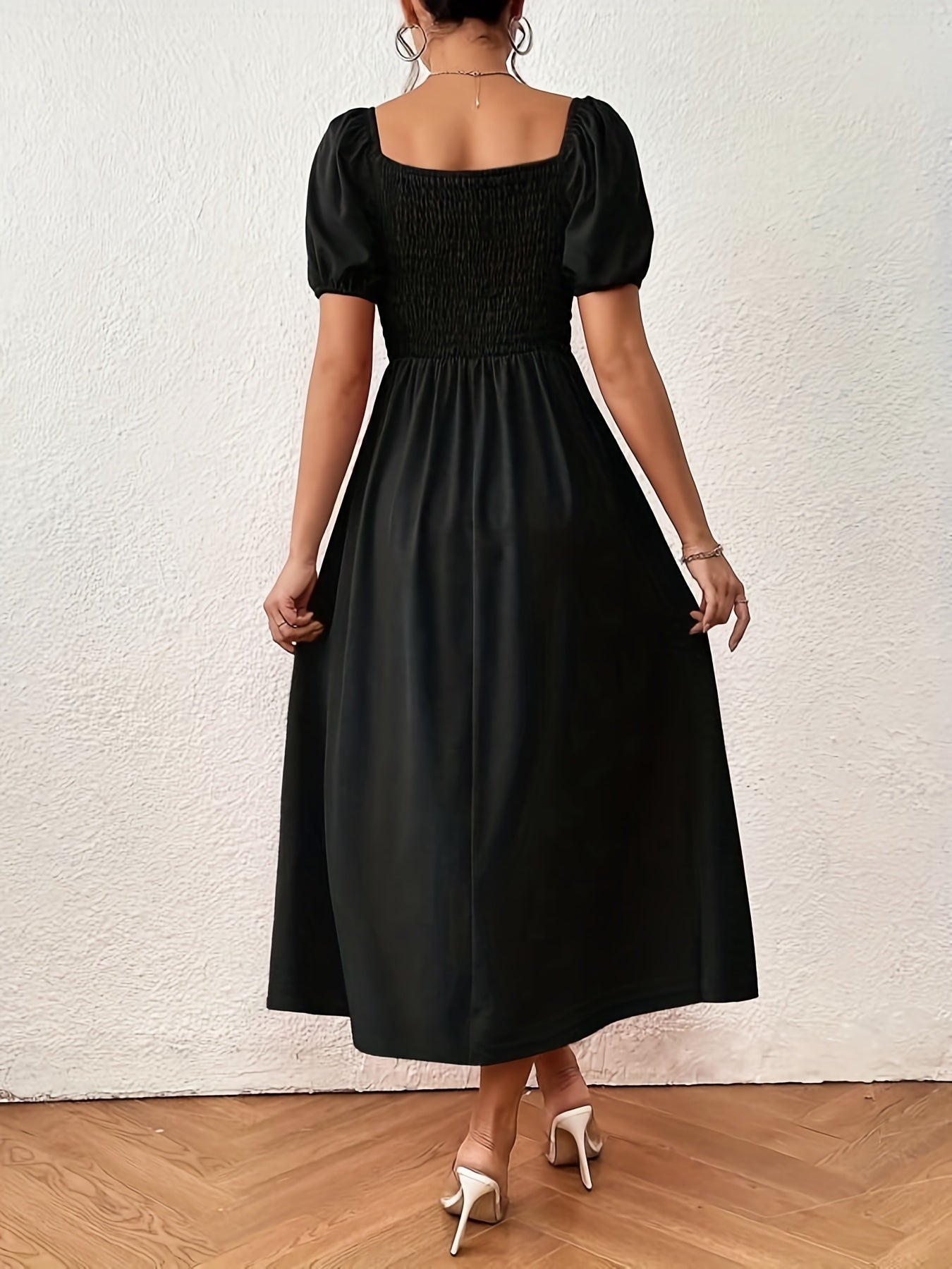 Puff Sleeve Split Thigh Dress Solid Tie Front Dress Women's Clothing