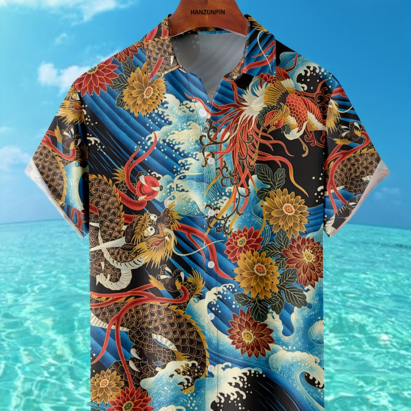 Dragon & Floral Print Men's G Short Sleeve Polo Shirt