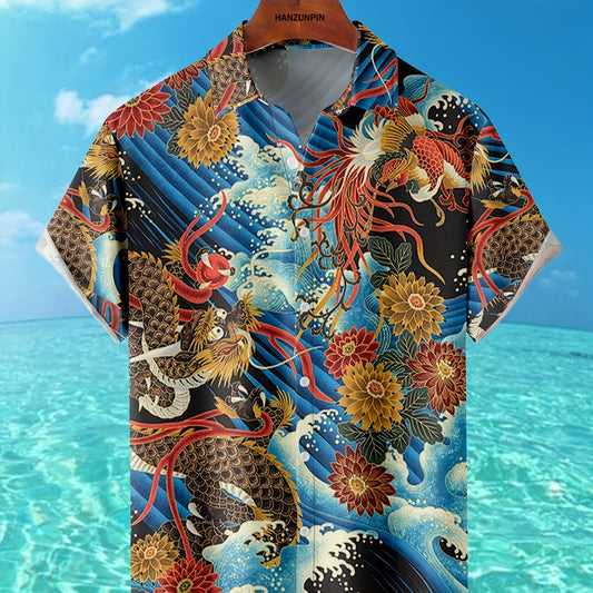 Dragon & Floral Print Men's G Short Sleeve Polo Shirt