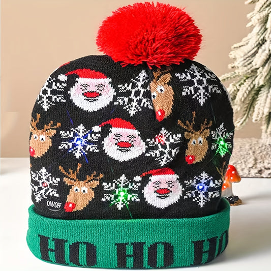Christmas LED Lights Knitted Hat Soft & Warm Material Fine Pattern Hairball