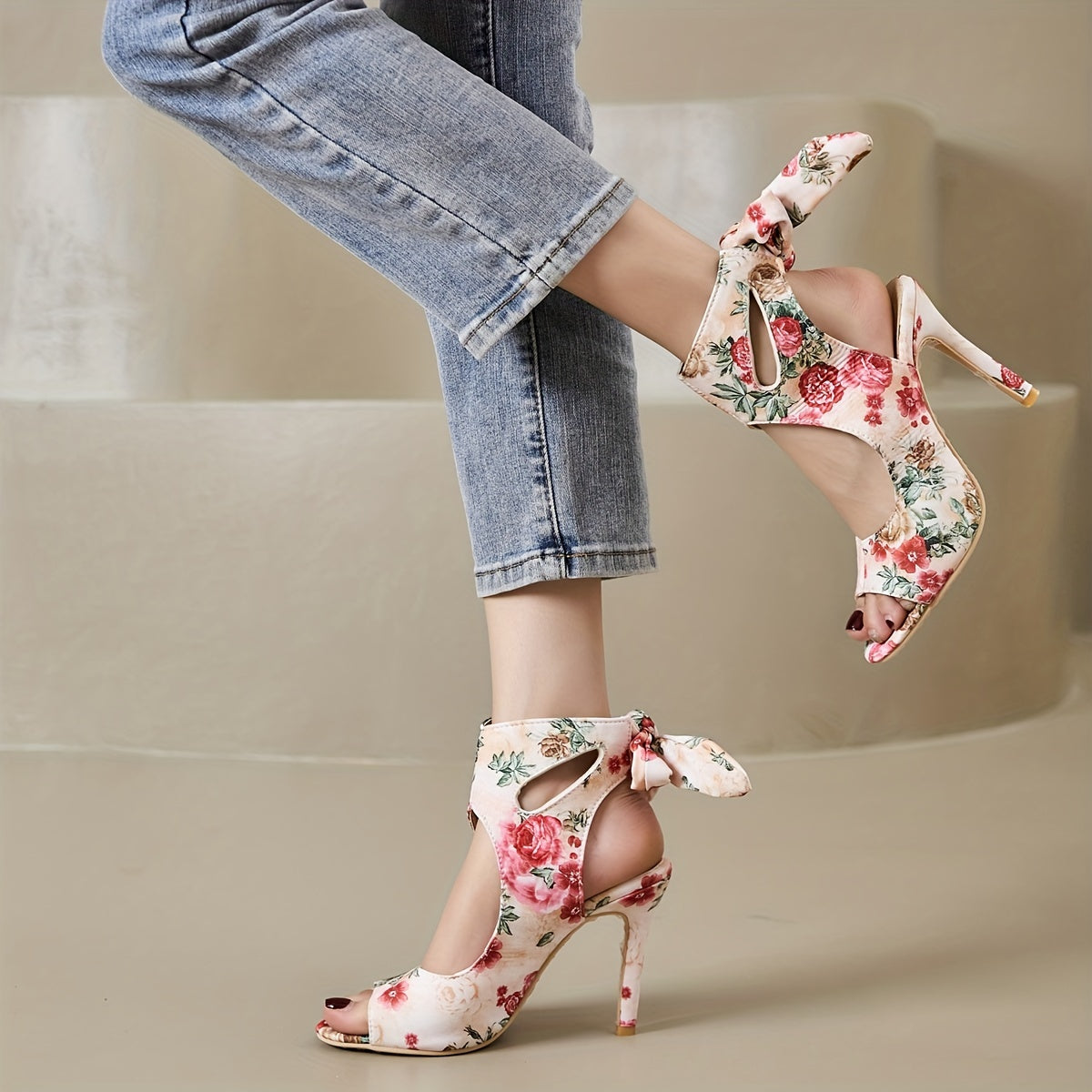 Floral Print Peep Toe Lace Up Stiletto Heels Sandals