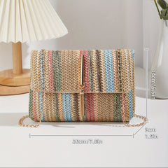 Boho Mini Shoulder Bag Colorful Striped Weave & Chain Strap