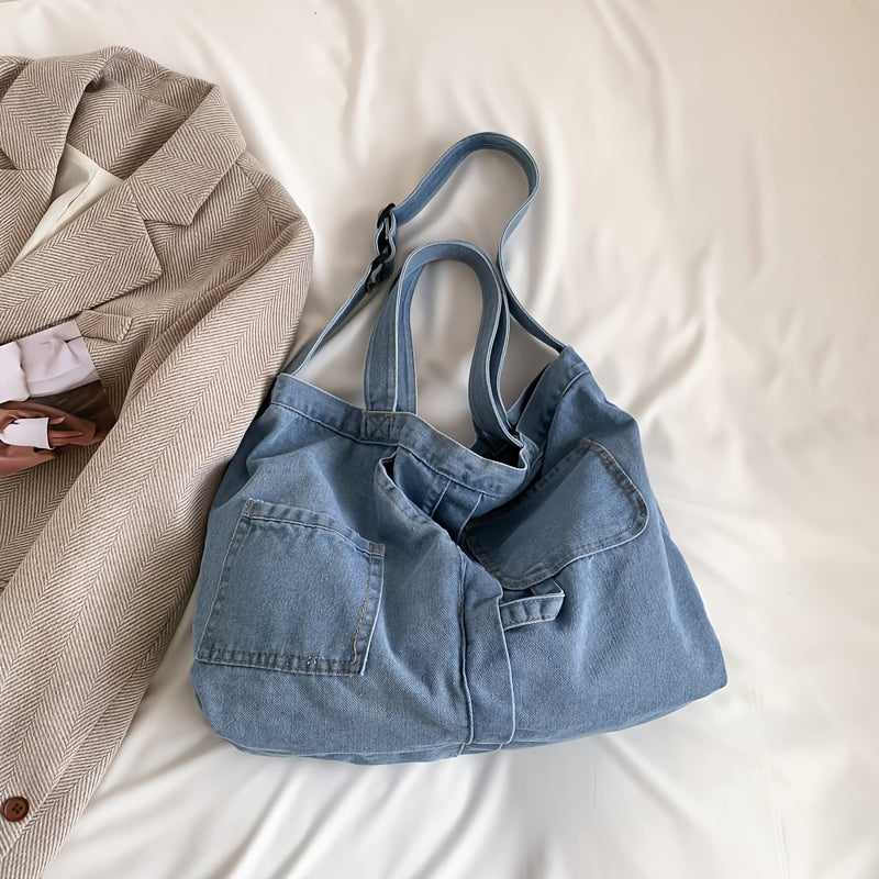 Casual Denim Shoulder Bag Large Capacity for Work Shopping