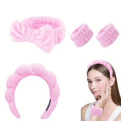 4pc Plush Hair Accessories Set Fuzzy Bow Knot Headband Leopard Pattern Waistband