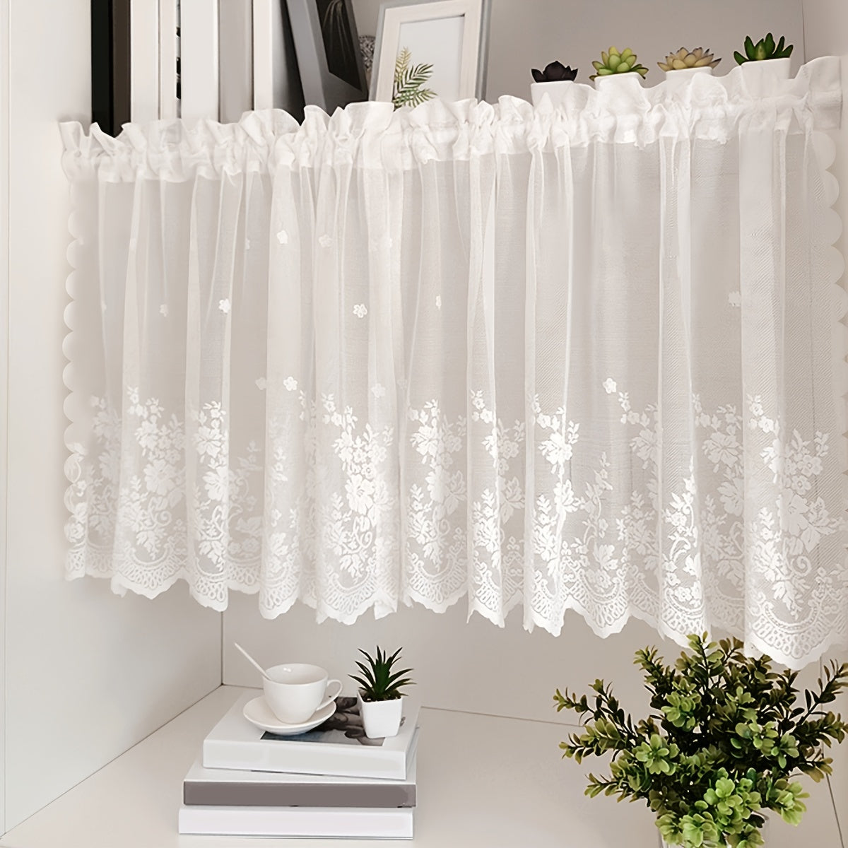 Lace Cafe Curtain Flower Design Rod Pocket Kitchen Dining Room Window Decor