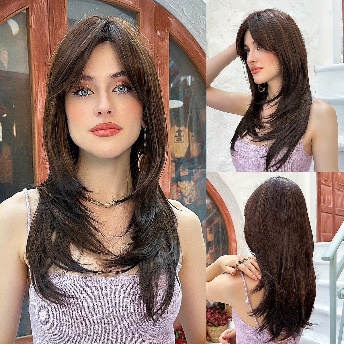 Long Straight Layered Wig with Bangs Middle Parting Brown Hair