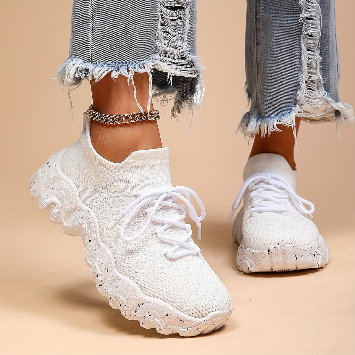 Women's Breathable Knit Sock Sneakers Casual Lace Up Sport Shoes