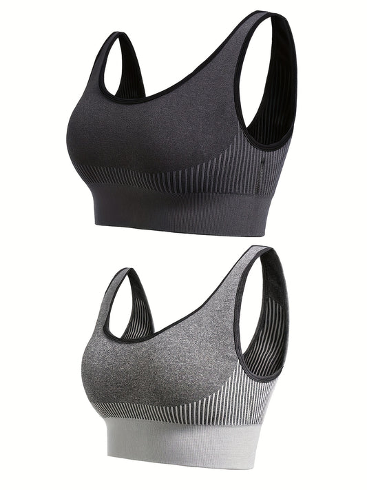 2 Pack Plus Size Striped Print Sporty Bra Set Women's Plus Stretchy