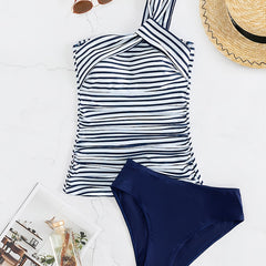 Striped Print Ruched Top High Cut Two Piece Swimsuit