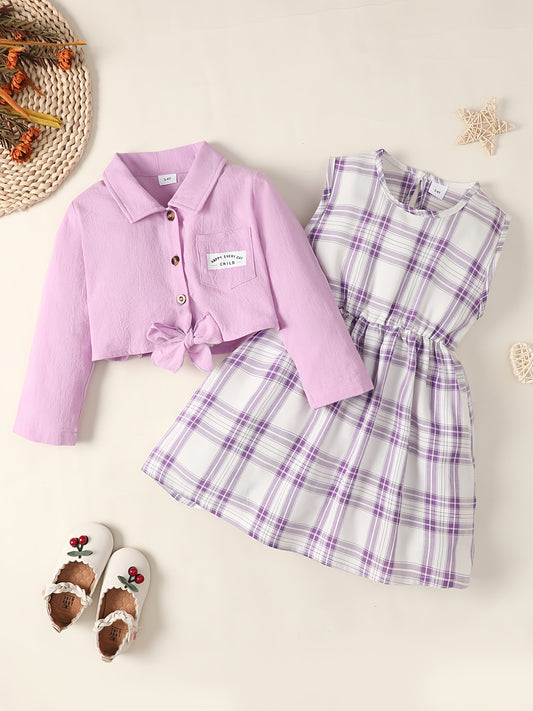 Girls Long Sleeve Shirt & Sleeveless Plaid Dress Baby Kids Clothes