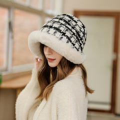 Winter Thick Warm Bucket Hat Plaid Fur Irregular Brim Fisherman Cap
