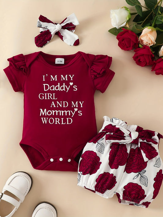 3pcs Baby Girls Daddy's Girl & Mommy's World Set - Onesie, Shorts & Headband