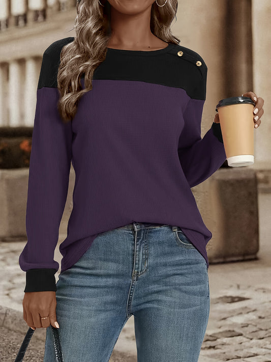  Colorblock Knit Top Long Sleeve Button Decor Crew Neck Waffle