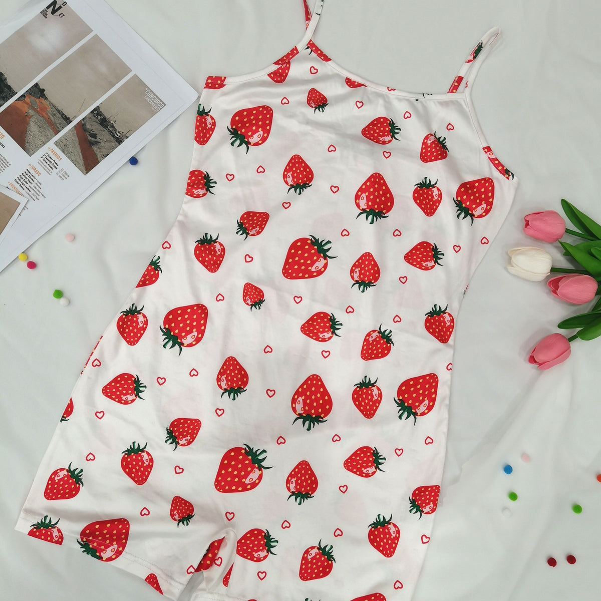 Strawberry Print Pajama Romper Sleeveless Crew Neck