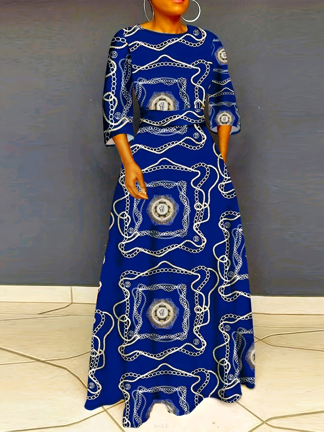  Denim Print Maxi Dress with Pockets