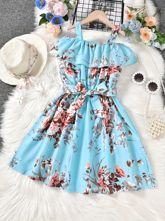 Girls Cold Shoulder Ruffle Trim Flowers Graphic Princess Dress