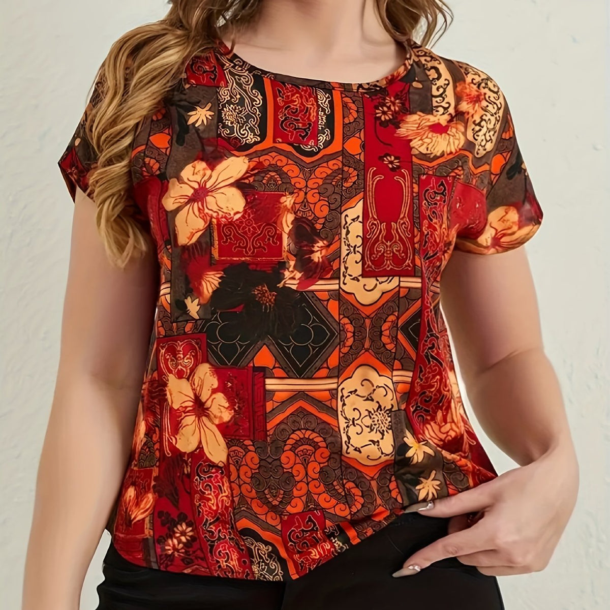  Boho Blouse Women's Plus Floral Print Short Sleeve Round Neck T