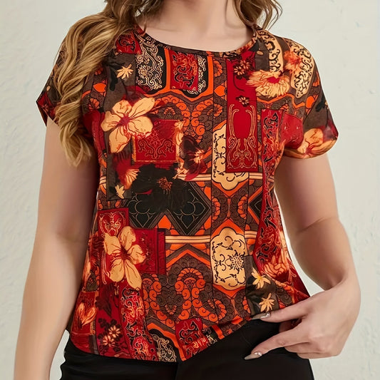  Boho Blouse Women's Plus Floral Print Short Sleeve Round Neck T