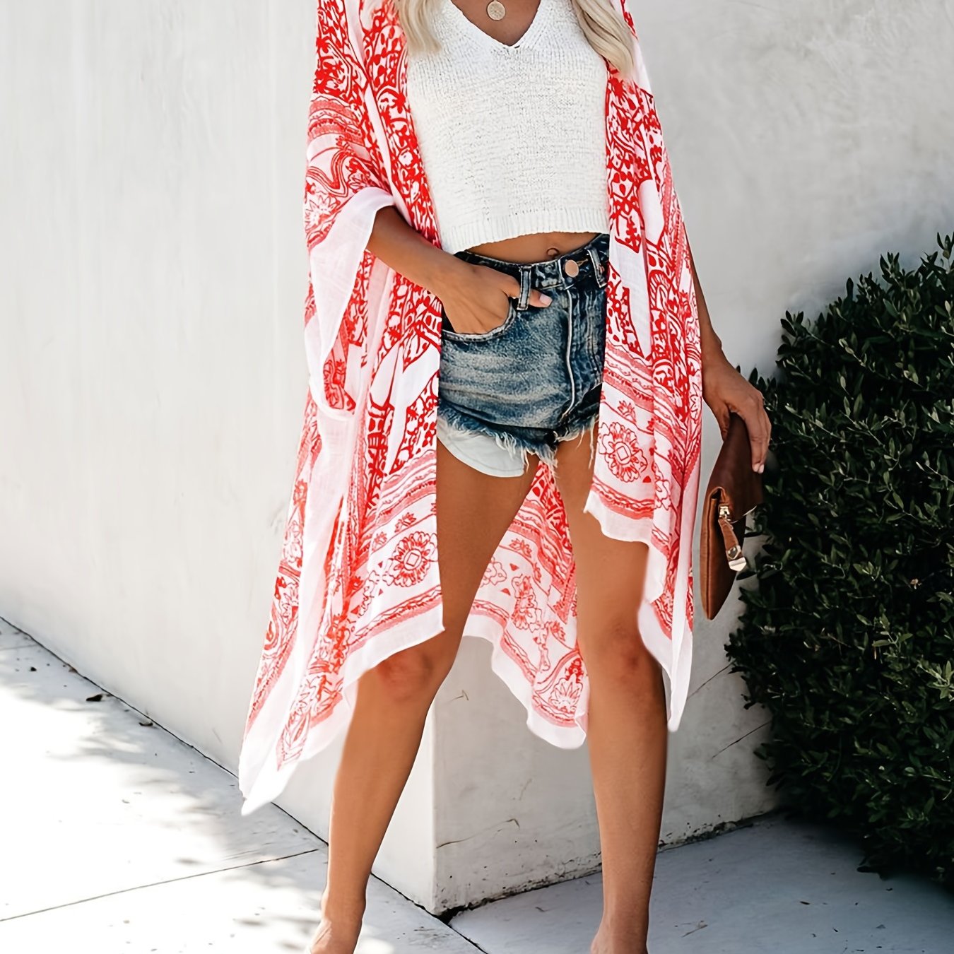Geometrical Print Cover Up Shirt V Neck Loose Fit