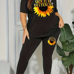 Plus Size Women's Slogan & Floral Print Round Neck Top & Leggings Outfit Set