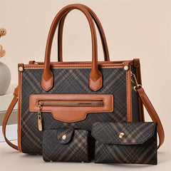 3pcs Classic Plaid Handbag Set Large Capacity Shoulder Bag