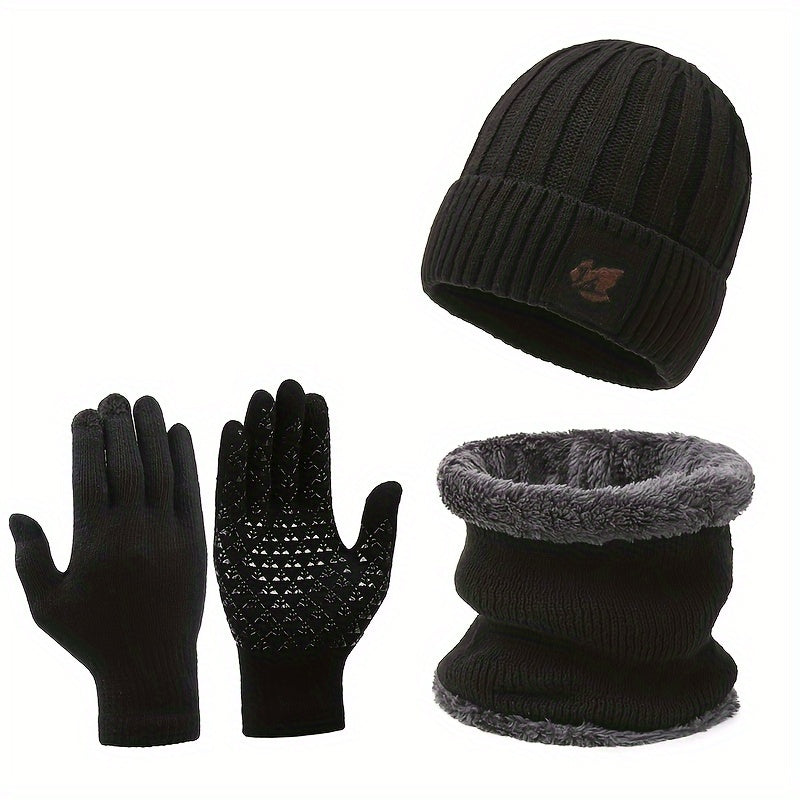 Cycling Knitted Gloves Hat Scarf Set Velvet Lined Anti Slip Gloves