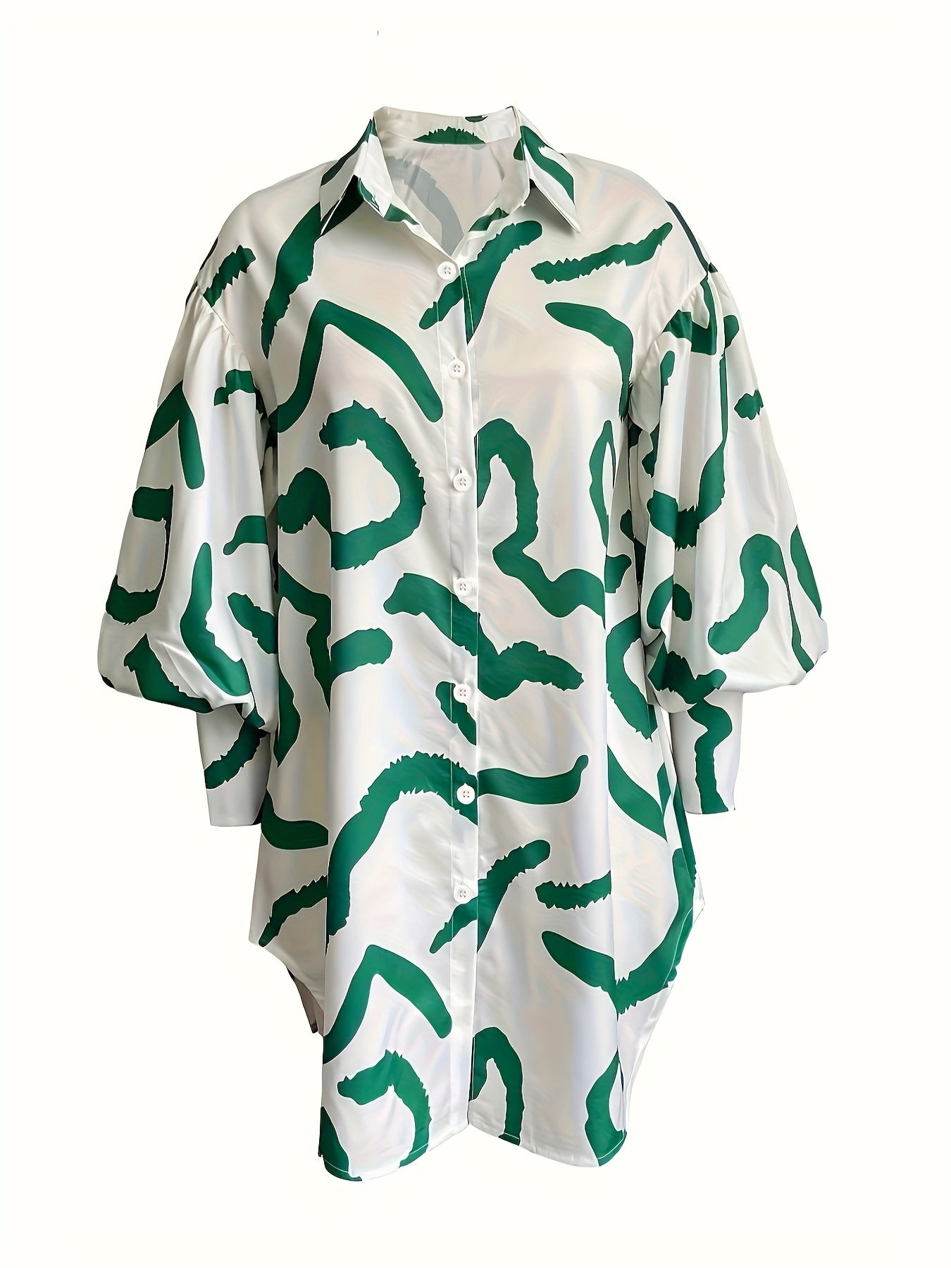  Graffiti Print Button Up Lantern Sleeve Shirt Dress