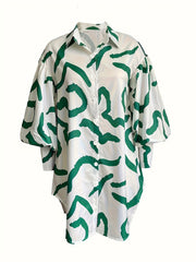  Graffiti Print Button Up Lantern Sleeve Shirt Dress
