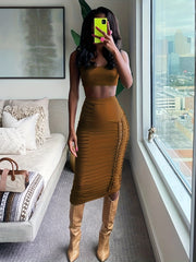 Sexy Solid Slim Two piece Skirt Set Crop Cami Top & Cut Out Skirt