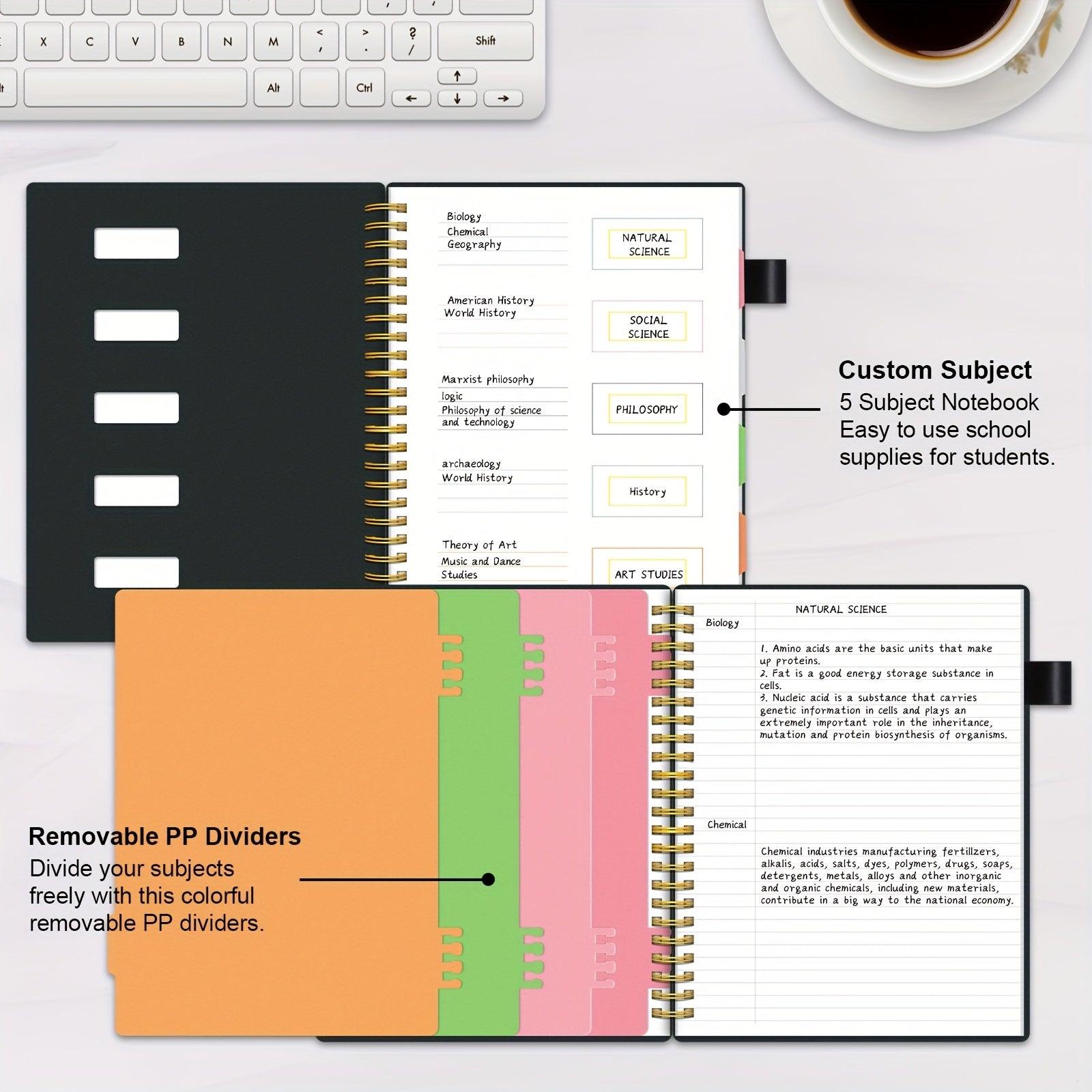 1pc 5-Subject College Ruled Spiral Notebook, 200 Pages, 4 Dividers, Tabs