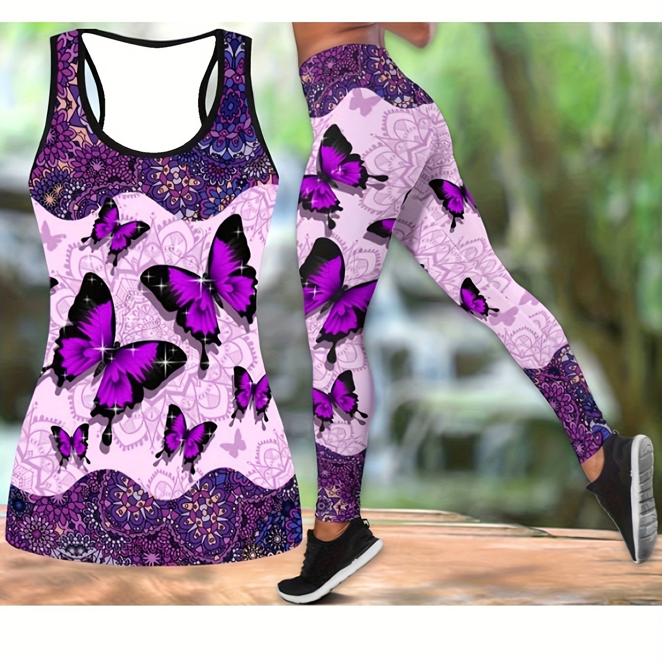  Butterfly Floral Print Tank Top & Leggings Set