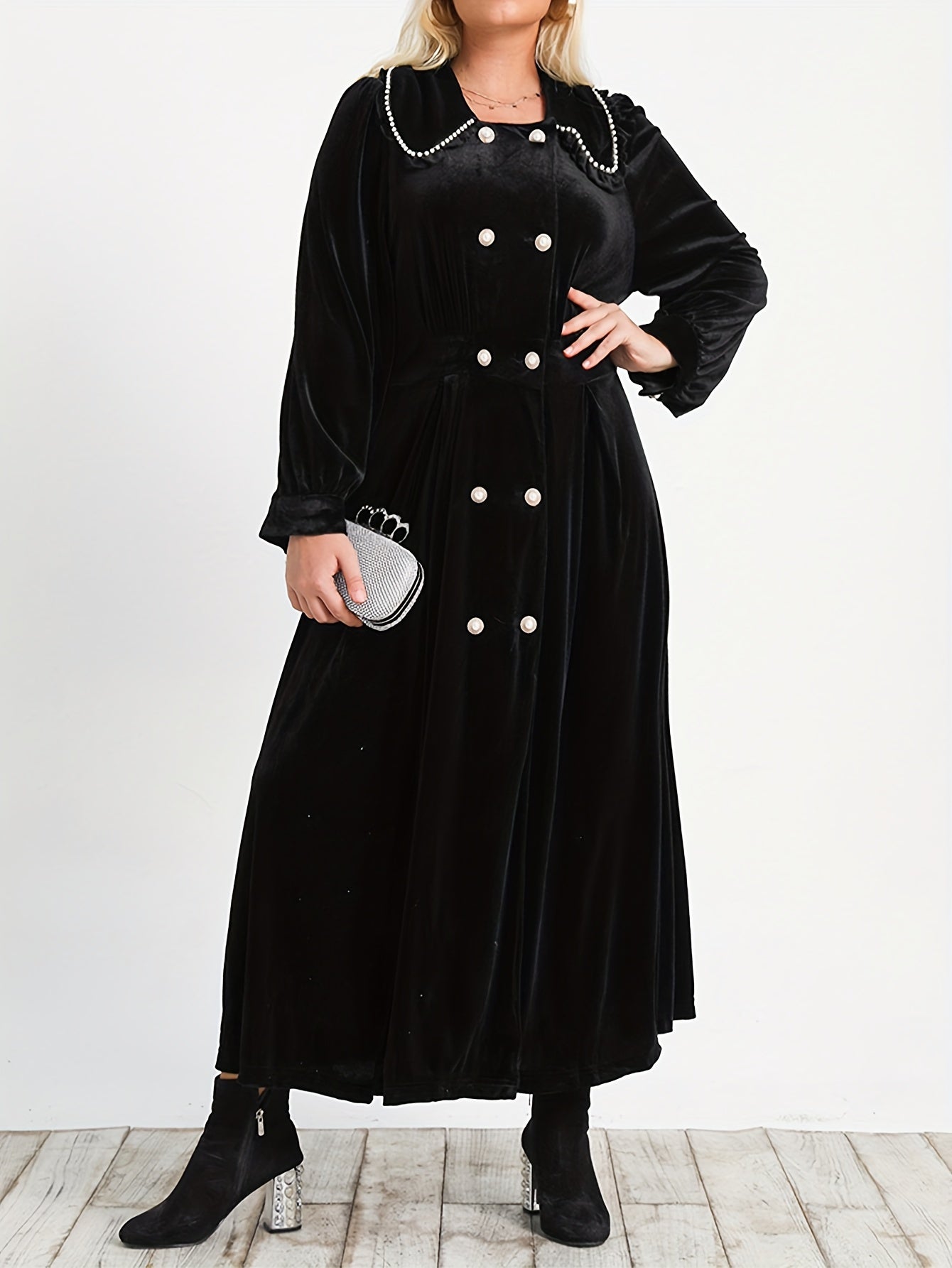 Solid Velvet Long Sleeve Maxi Dress