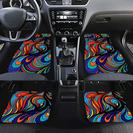 4pcs Colorful Printed Car Floor Mats, Water Absorbent & Stain Resistant