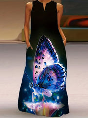  Butterfly Print Tank Maxi Dress with Pockets