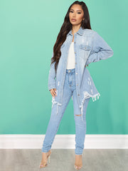 Women's Long Sleeve Distressed Denim Coats