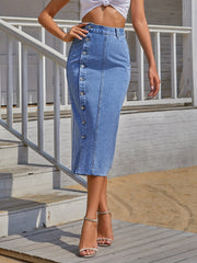 Button Denim Midi Skirt High Waist Split
