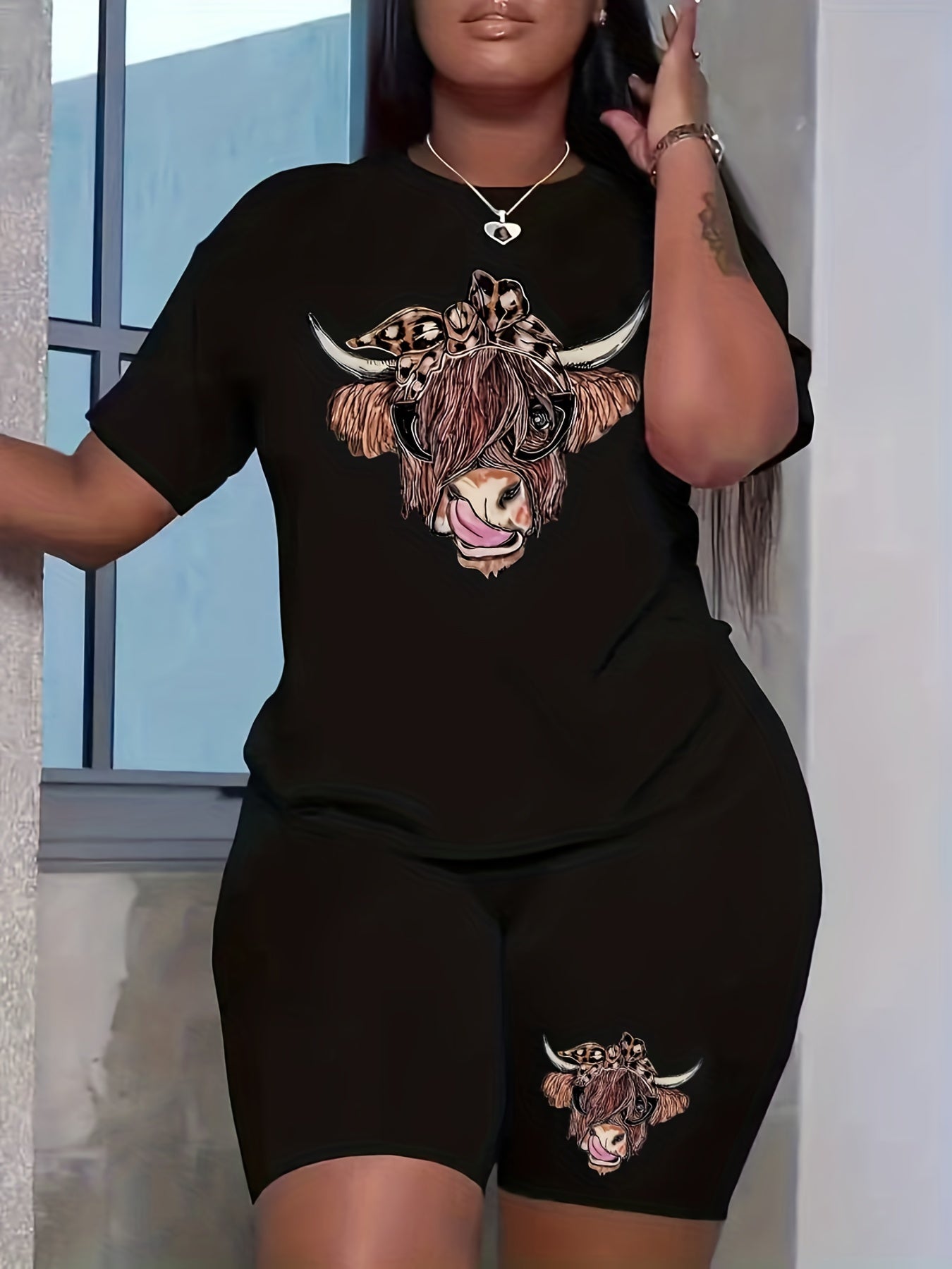 Women's Plus Leopard Cow Print Crew Neck Top & Shorts Set