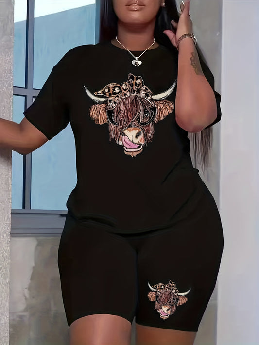 Women's Plus Leopard Cow Print Crew Neck Top & Shorts Set