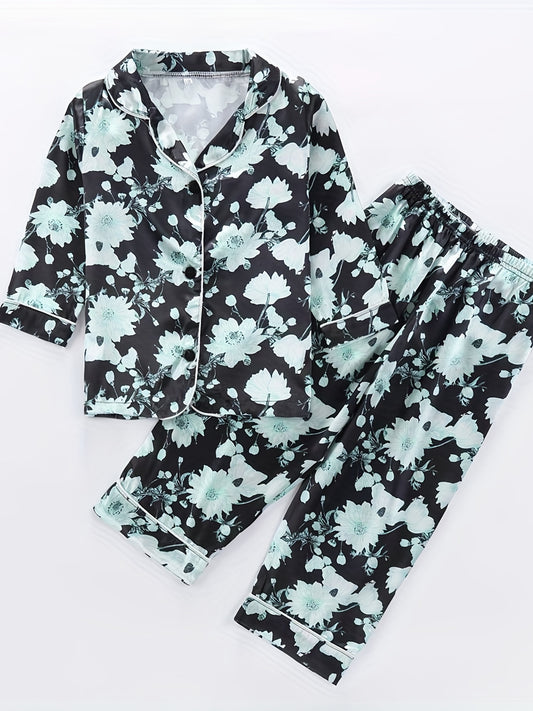 Girls Floral Print Long Sleeve Top & Pants Pajamas Set