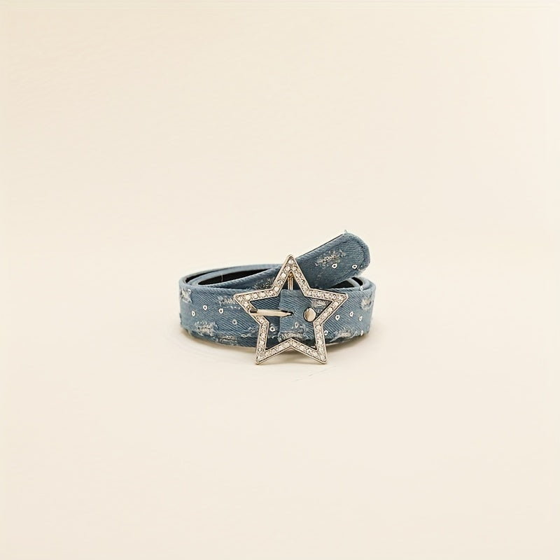 Rhinestone Pentagram Buckle Belt Denim Washed Distressed PU Leather Hip Hop
