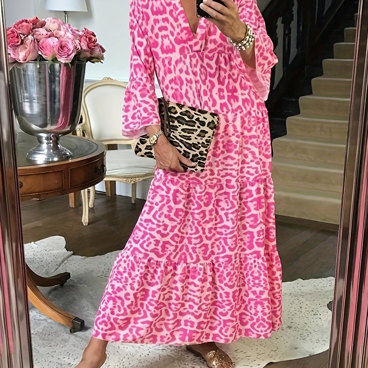  Women's Floral Print Bell Sleeve Maxi Dress