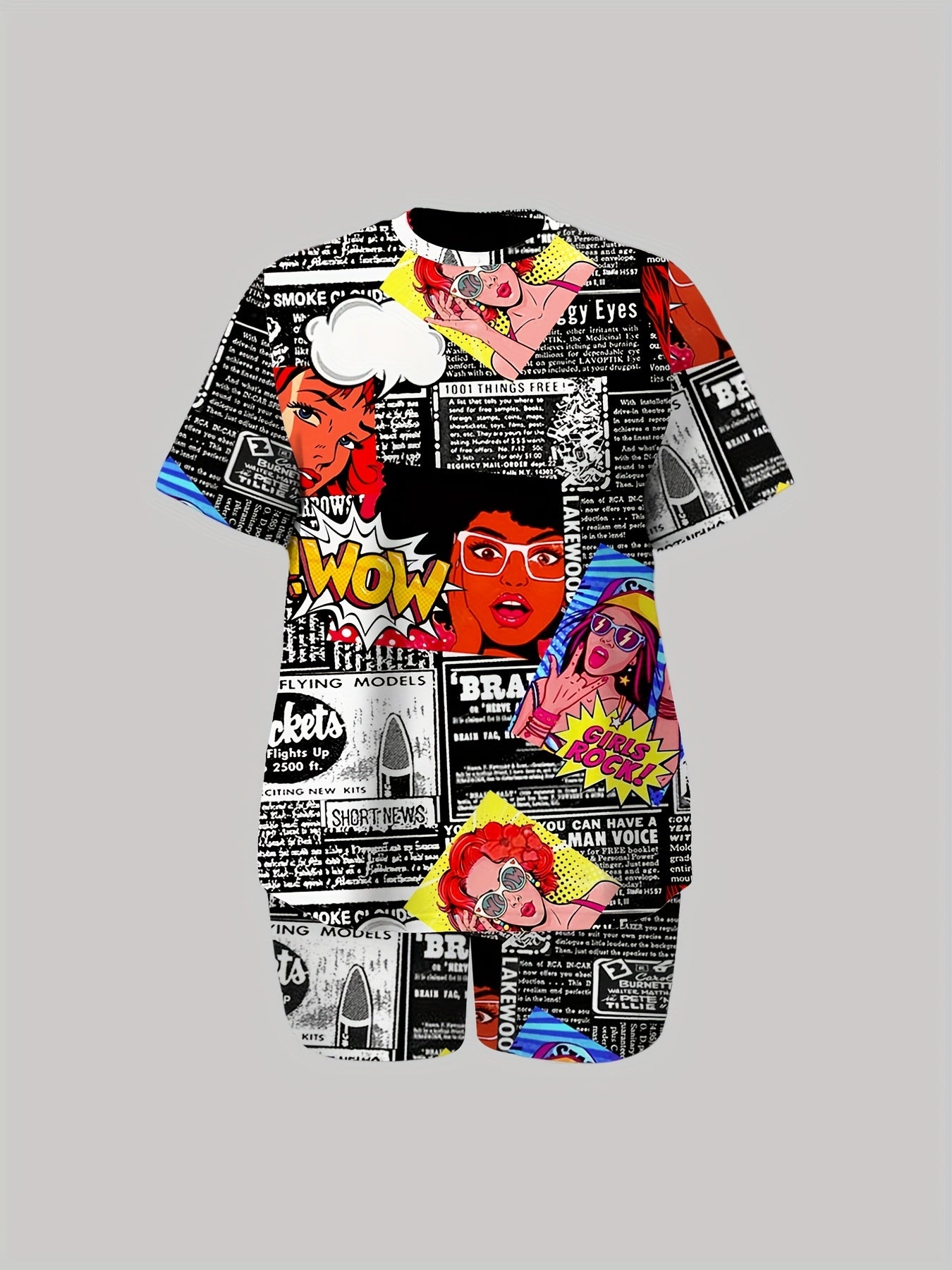 Women's Plus Pop Art Print Top & Shorts Two Piece Set